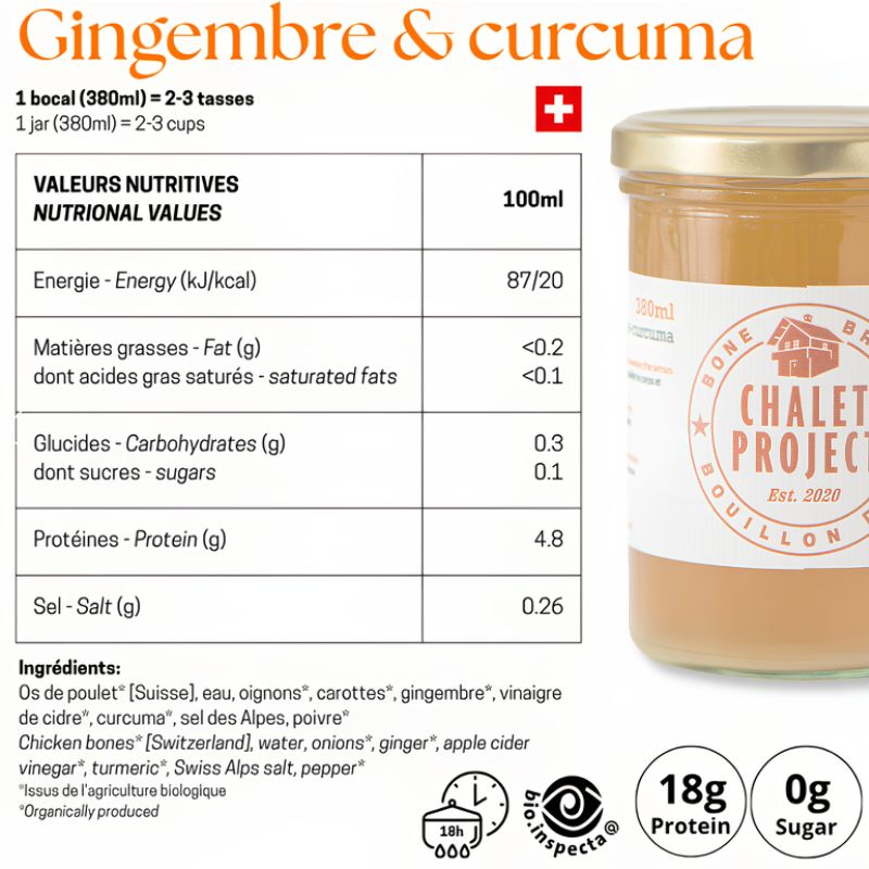 Bouillon d'os de poulet bio au gingembre et curcuma